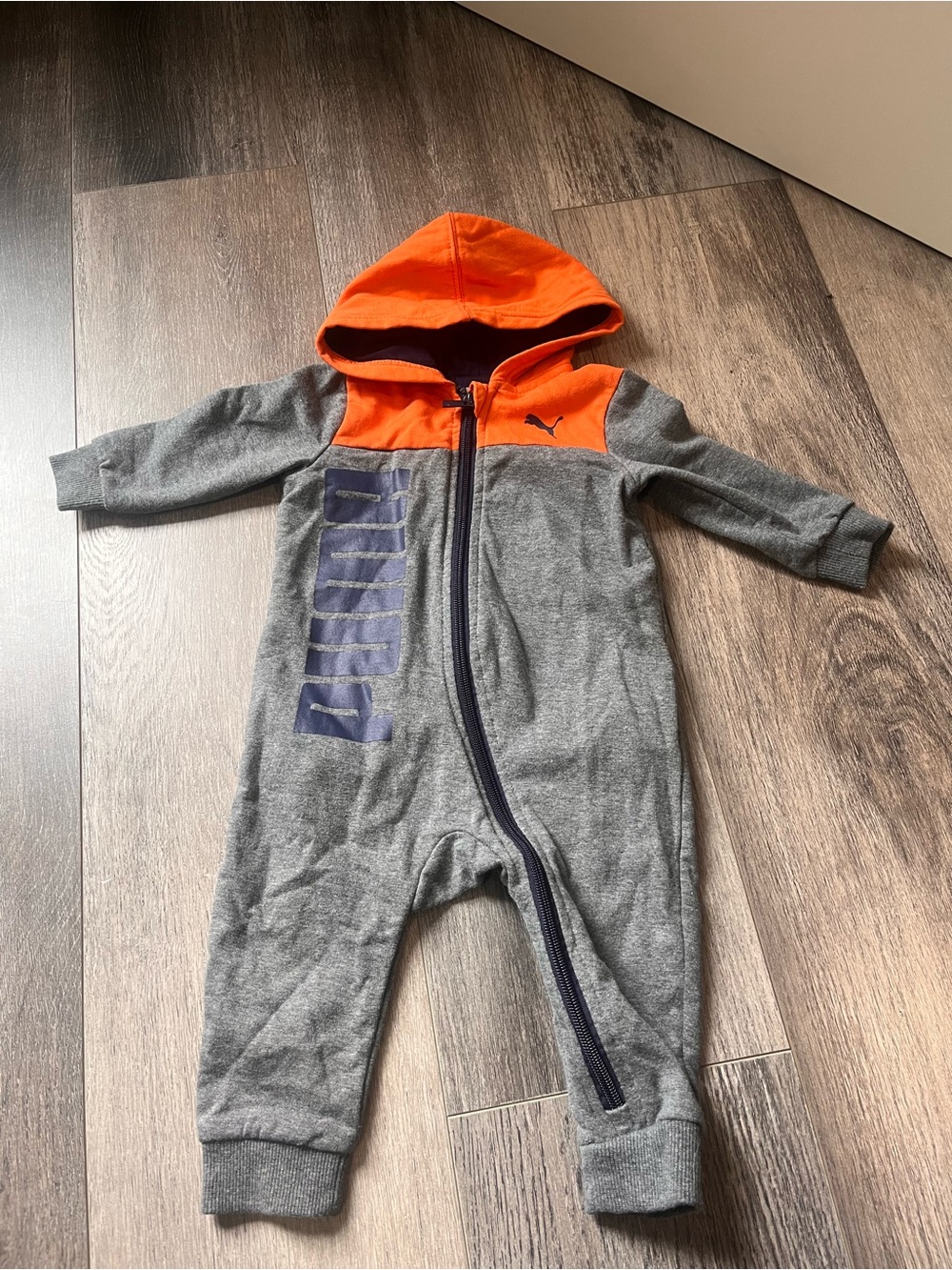 Puma Gray & Orange Hooded Baby One-Piece Romper